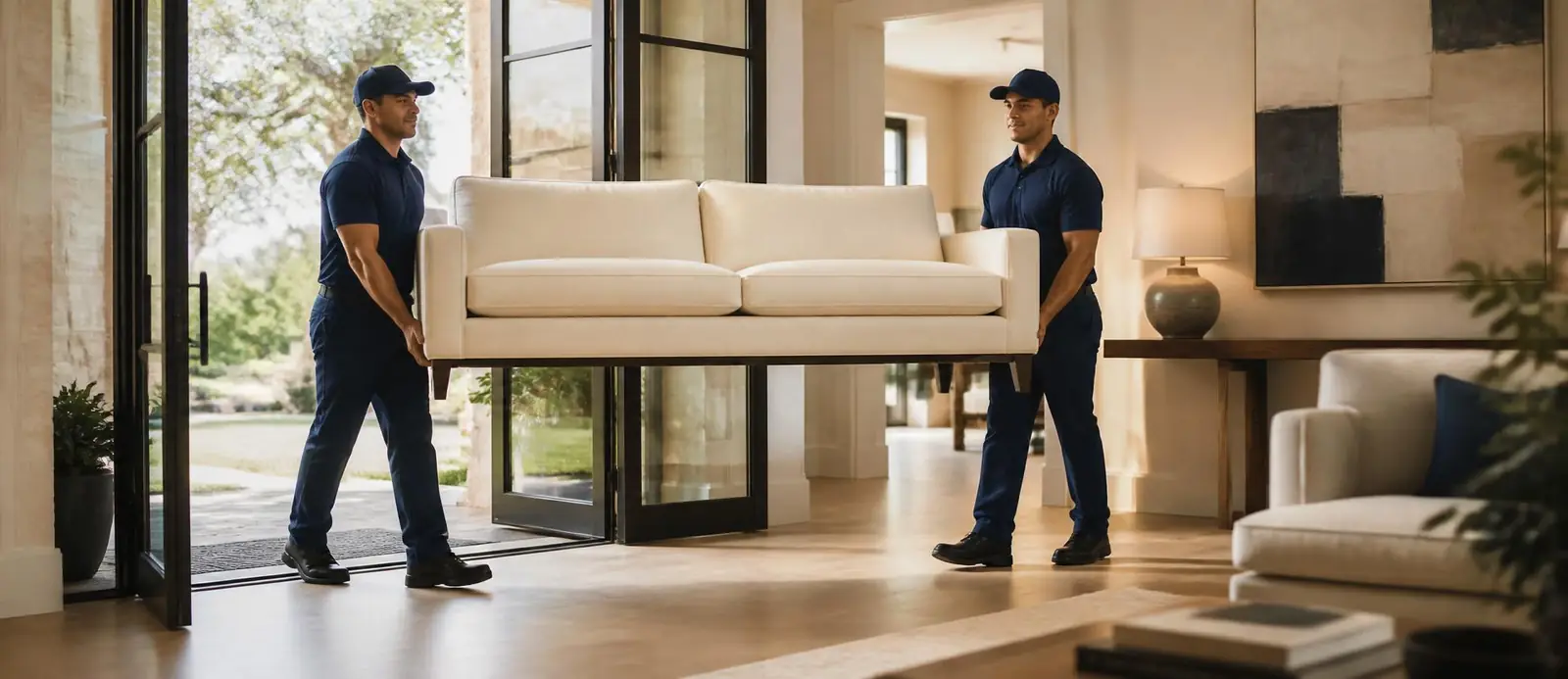 Point2Point delivery team carrying a sofa into a Texas home